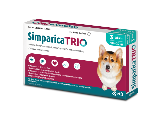 Simparica Trio For Dogs 10.1kg - 20kg x 3 Tablets (Teal)