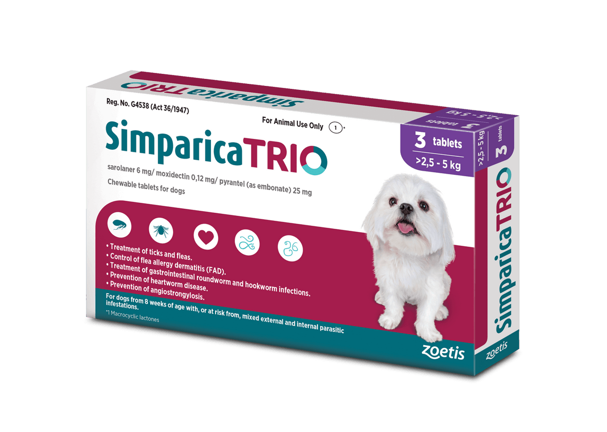 Simparica Trio For Dogs 2.6kg - 5kg x 3 Tablets (Purple)