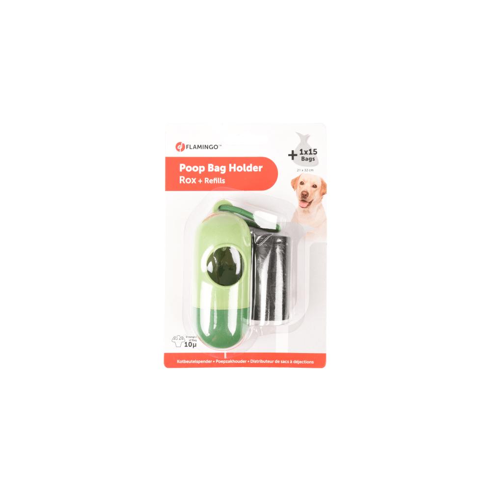 Flamingo Poo Bag Holder Rox Green + 1 Roll