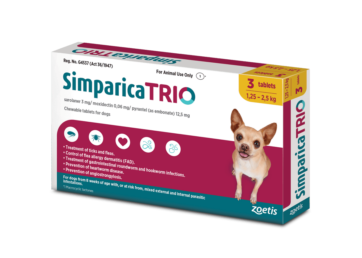 Simparica Trio For Dogs 1.25kg - 2.5kg x 3 Tablets (Gold)