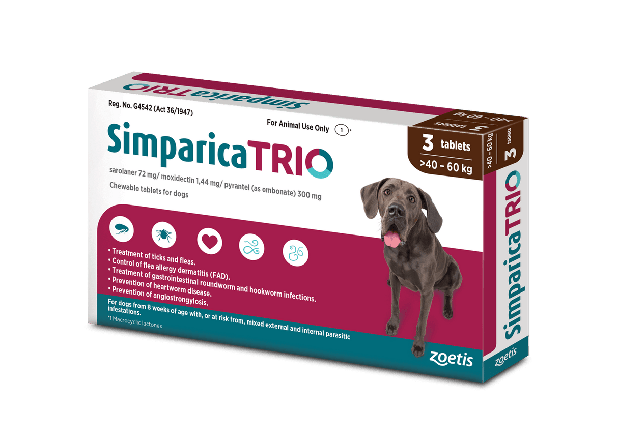 Simparica Trio For Dogs 40.1kg - 60kg x 3 Tablets (Dark Brown)